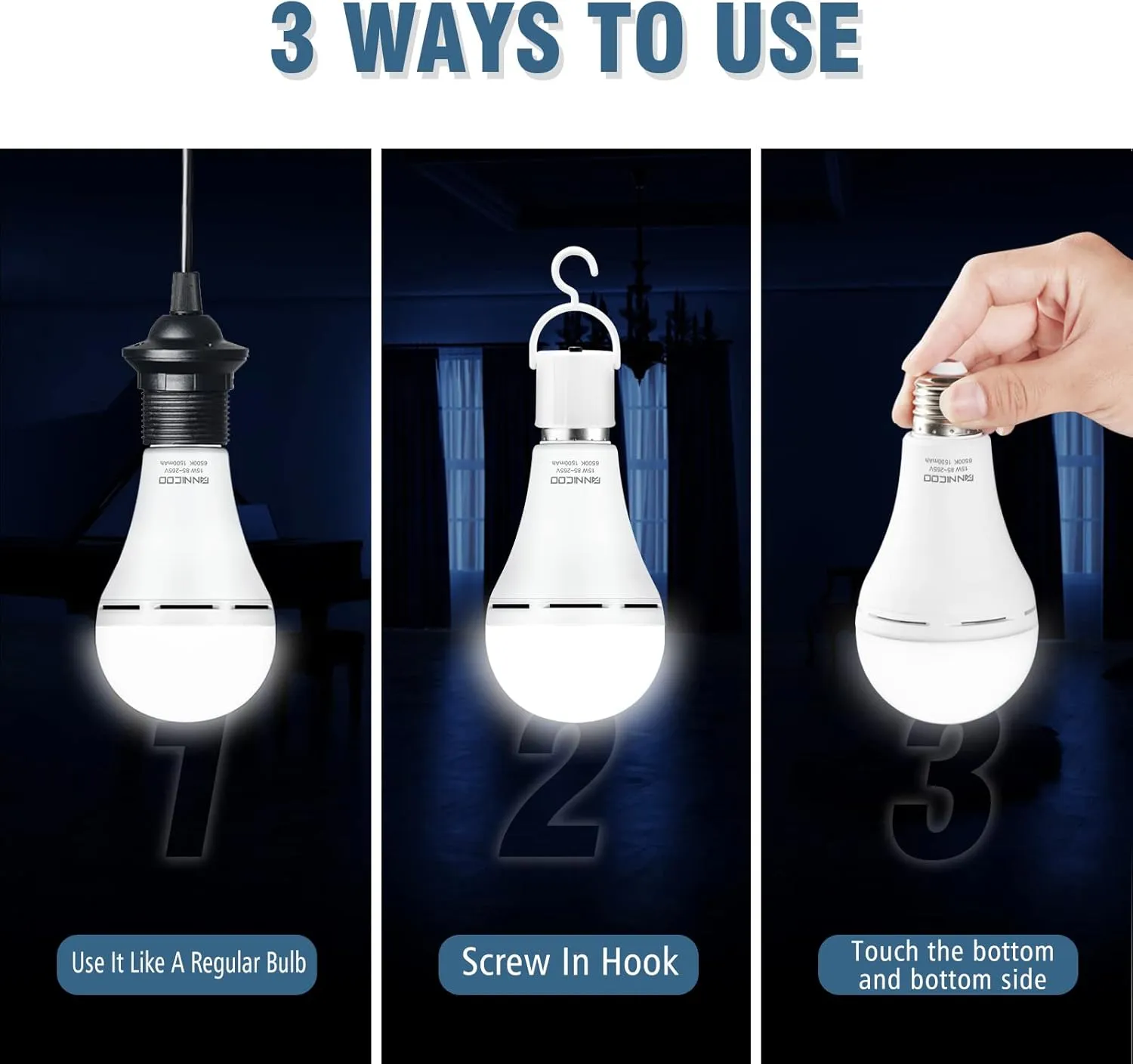 FanNicoo Rechargeable Emergency Light Bulbs with 1500mAh Battery Backup Stay Lighting During Power Outage 15W 80W Equivalent Bulbs for Power Outage Camping Hiking(6500K Daylight 4Pack)