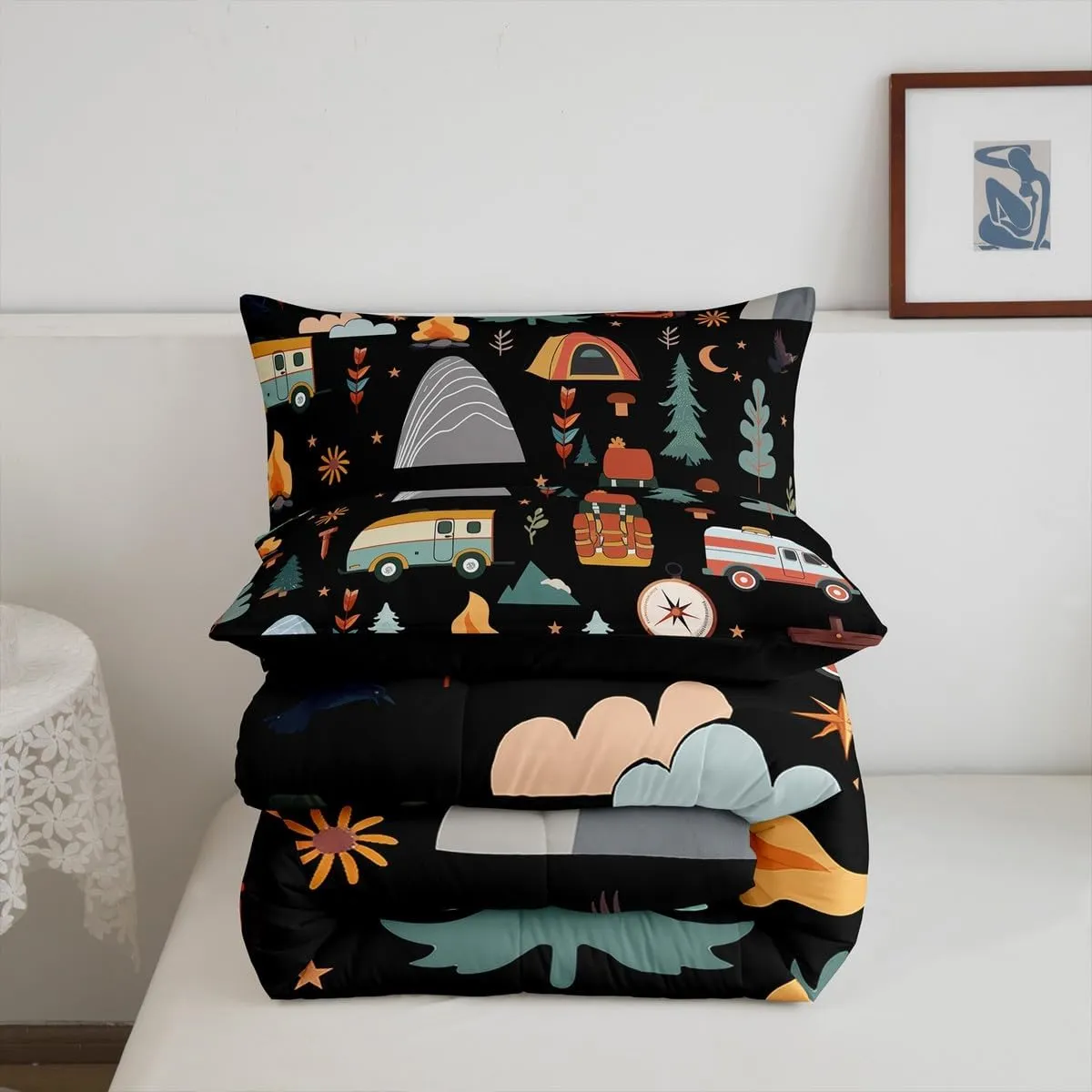 Feelyou Happy Camping Comforter Set for Kids Boys Girls Queen Size Outdoor Travel Bedding Set Ultra Soft Travel Trailers Themed Duvet Quilt Travel Bag Tent Print Comforter Camping Gifts Duvet Quilt