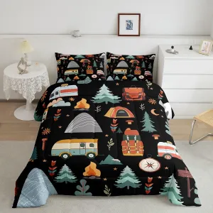 Feelyou Happy Camping Comforter Set for Kids Boys Girls Queen Size Outdoor Travel Bedding Set Ultra Soft Travel Trailers Themed Duvet Quilt Travel Bag Tent Print Comforter Camping Gifts Duvet Quilt