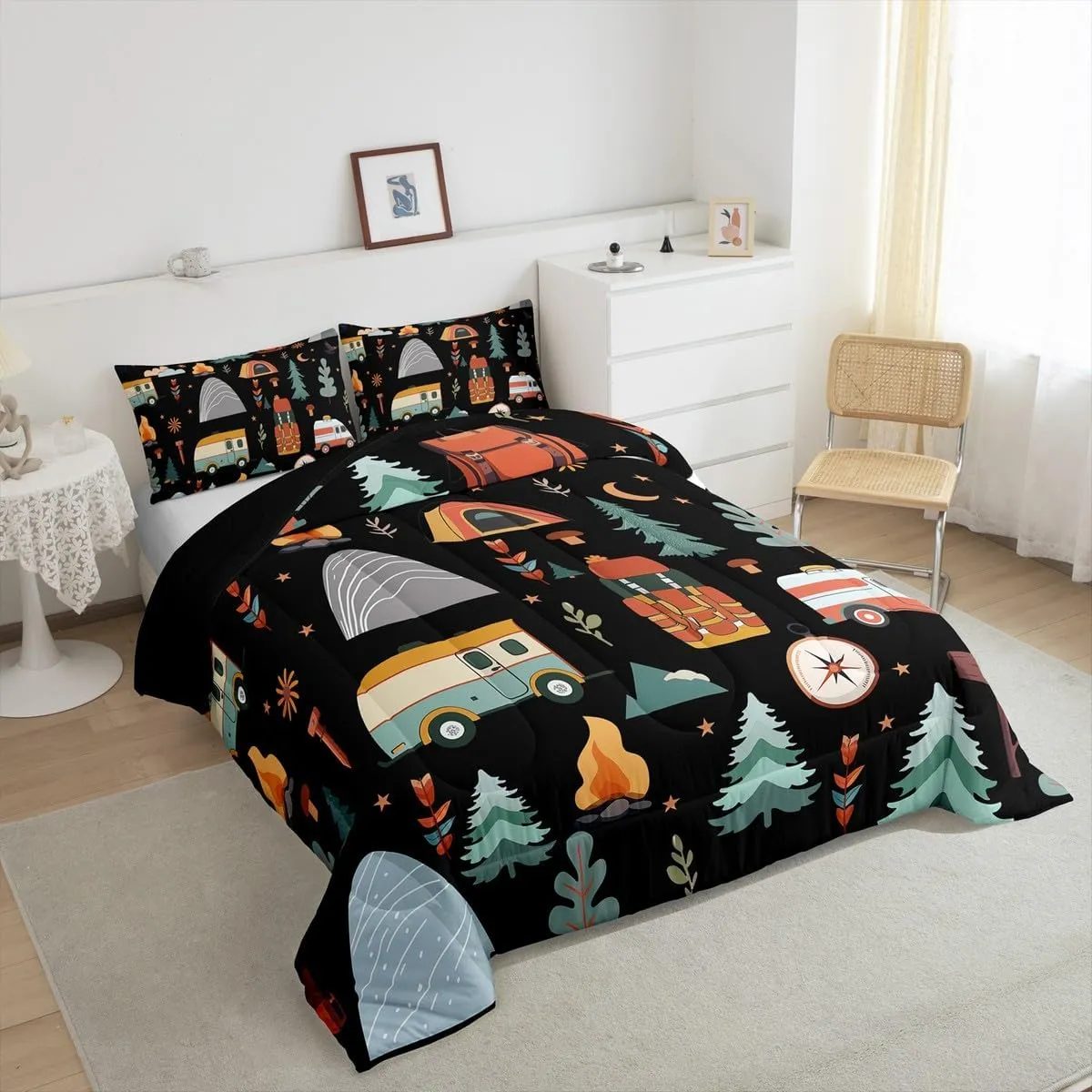 Feelyou Happy Camping Comforter Set for Kids Boys Girls Queen Size Outdoor Travel Bedding Set Ultra Soft Travel Trailers Themed Duvet Quilt Travel Bag Tent Print Comforter Camping Gifts Duvet Quilt