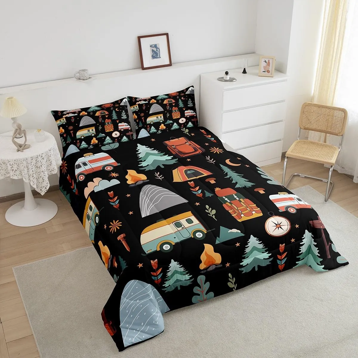 Feelyou Happy Camping Comforter Set for Kids Boys Girls Queen Size Outdoor Travel Bedding Set Ultra Soft Travel Trailers Themed Duvet Quilt Travel Bag Tent Print Comforter Camping Gifts Duvet Quilt