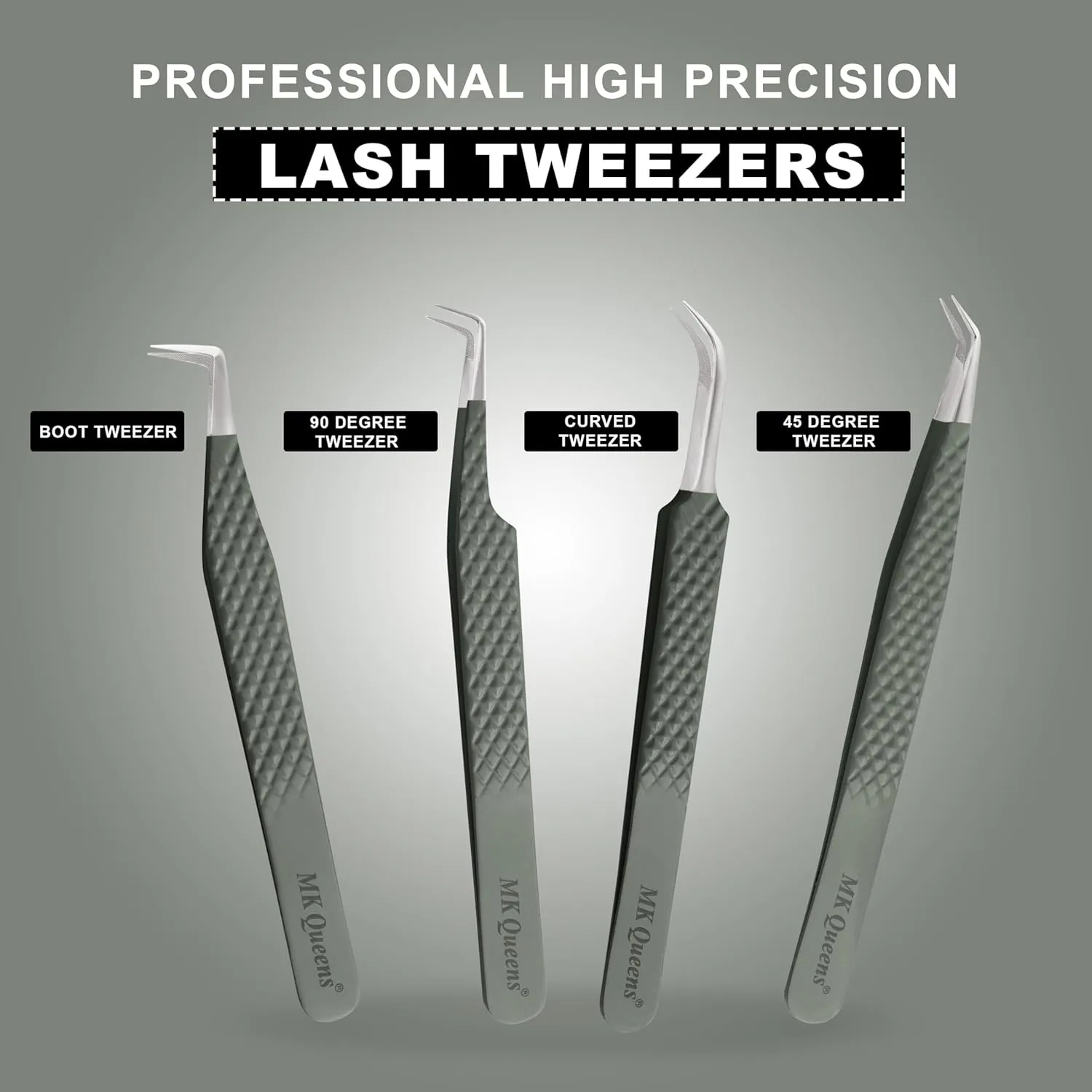 Fiber Tip Lash Tweezers For Eyelash Extension Tweezers Professional Eyelash Extension Tweezer - Set of 4 Pcs Diamond Grip Stainless Steel Fiber Tweezer (4, Green)