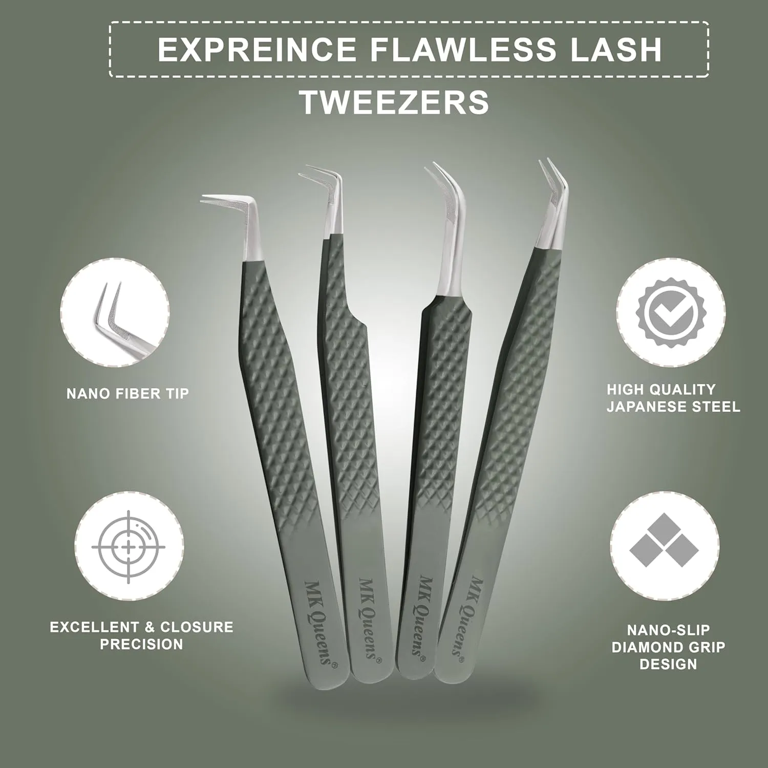 Fiber Tip Lash Tweezers For Eyelash Extension Tweezers Professional Eyelash Extension Tweezer - Set of 4 Pcs Diamond Grip Stainless Steel Fiber Tweezer (4, Green)