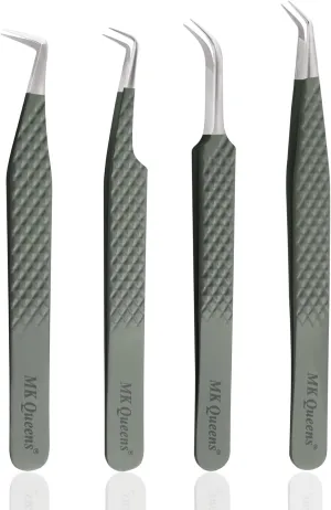 Fiber Tip Lash Tweezers For Eyelash Extension Tweezers Professional Eyelash Extension Tweezer - Set of 4 Pcs Diamond Grip Stainless Steel Fiber Tweezer (4, Green)