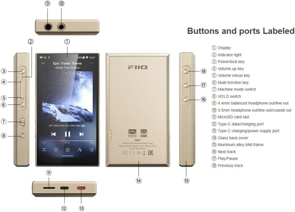 FiiO M21 Android 13 Portable Music Player MP3 Snapdragon 680 4* CS43198 DAC Chips Hi-Res Audio DSD Bluetooth LDAC (Titanium Gold)