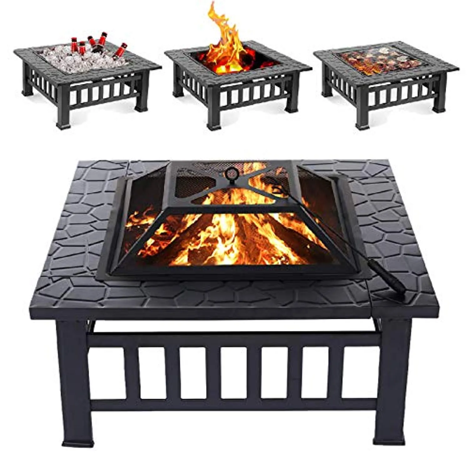 Fire Pit, 32 Inch Metal Square Patio Backyard Fire Pits Outdoor