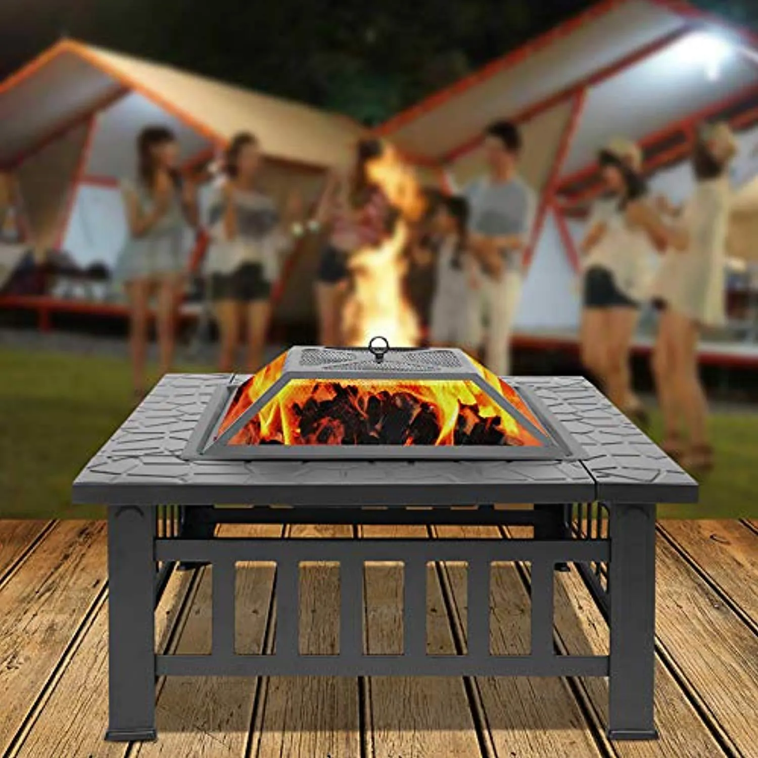Fire Pit, 32 Inch Metal Square Patio Backyard Fire Pits Outdoor