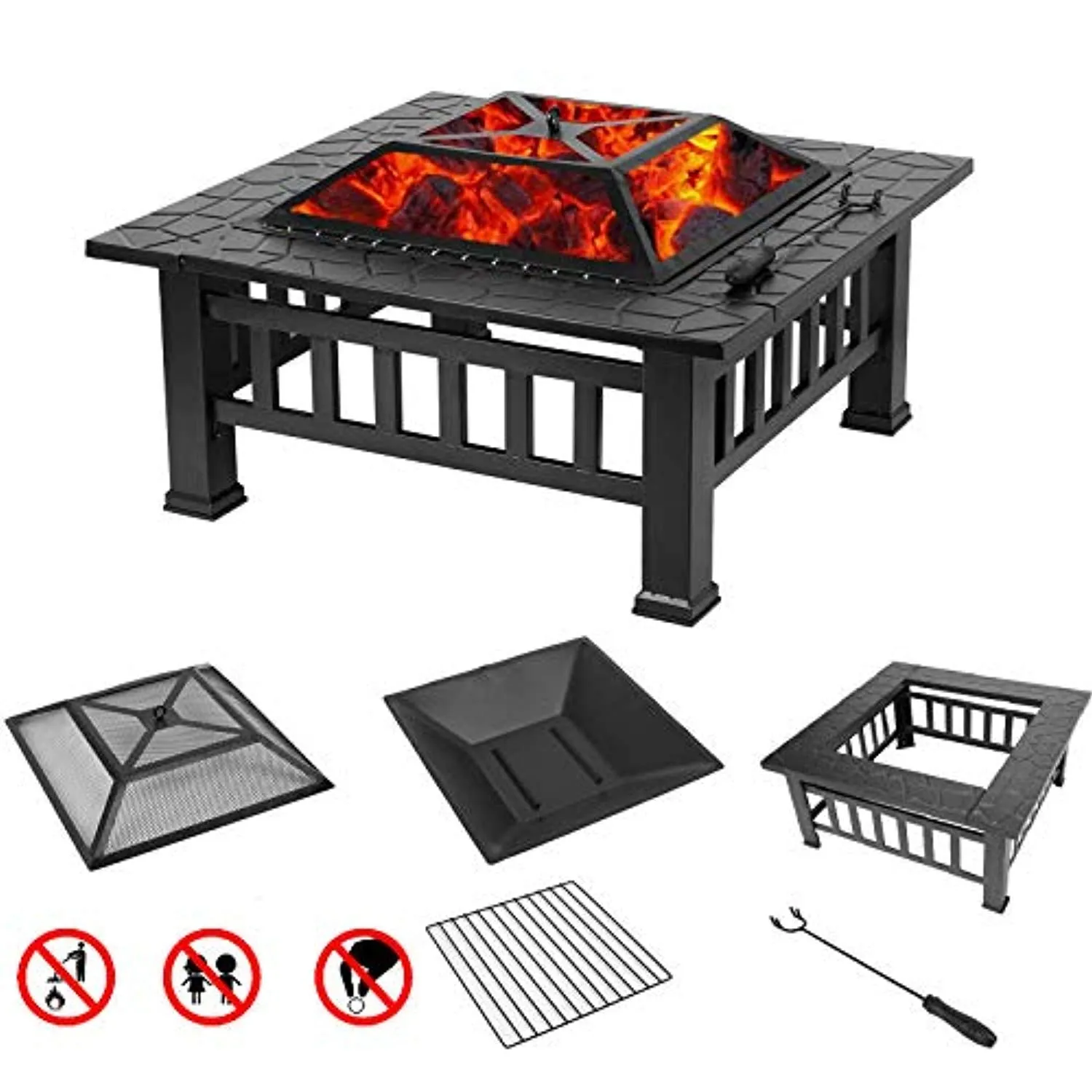 Fire Pit, 32 Inch Metal Square Patio Backyard Fire Pits Outdoor