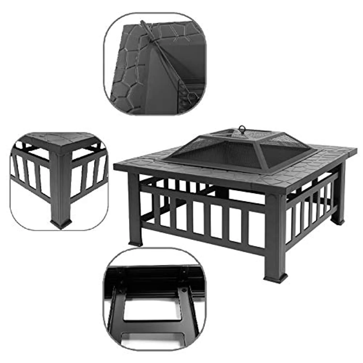 Fire Pit, 32 Inch Metal Square Patio Backyard Fire Pits Outdoor