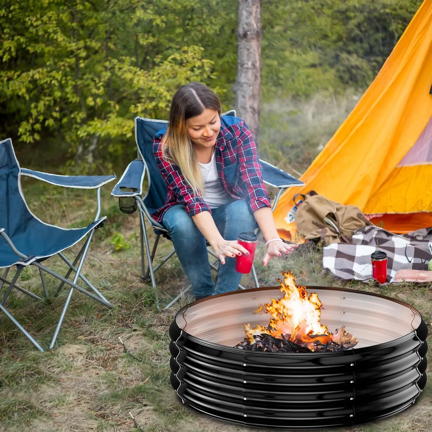 Fire Pit Ring for Outside - 48IN Heavy Duty Round Wood Burning Outdoor Fireplaces,High Heat Resistant,12''Raised,Galvanized Steel Firepit Portable for Camping,Bonfire,Backyard,Beach,Patio