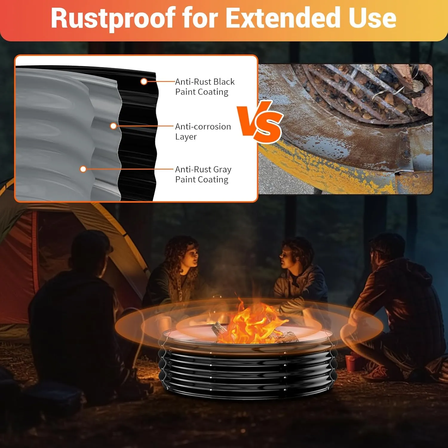 Fire Pit Ring for Outside - 48IN Heavy Duty Round Wood Burning Outdoor Fireplaces,High Heat Resistant,12''Raised,Galvanized Steel Firepit Portable for Camping,Bonfire,Backyard,Beach,Patio