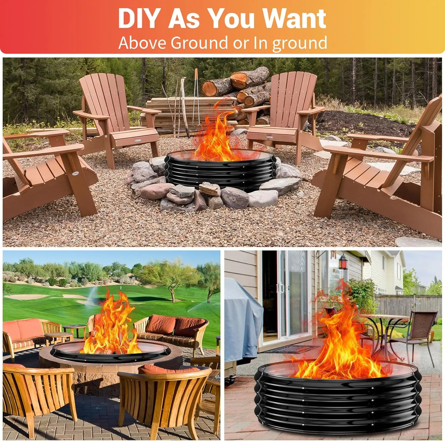 Fire Pit Ring for Outside - 48IN Heavy Duty Round Wood Burning Outdoor Fireplaces,High Heat Resistant,12''Raised,Galvanized Steel Firepit Portable for Camping,Bonfire,Backyard,Beach,Patio