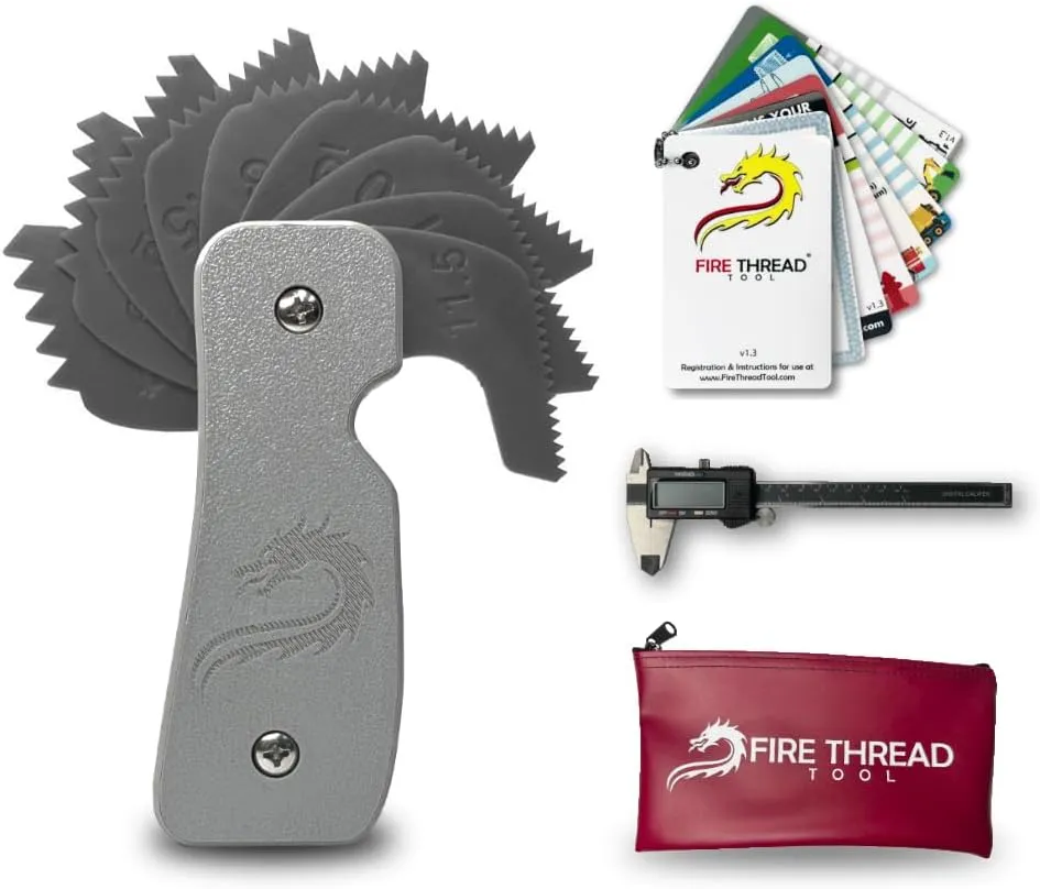 Fire Thread Tool Kit - Fire Hydrant Fitting Thread Gauge Tool, Calipers, Fitting Identification Cards, Vinyl Bag - for identifying NH/NST, STORZ Connection, NPT Taper, NPSH Straight, Cam and Groove