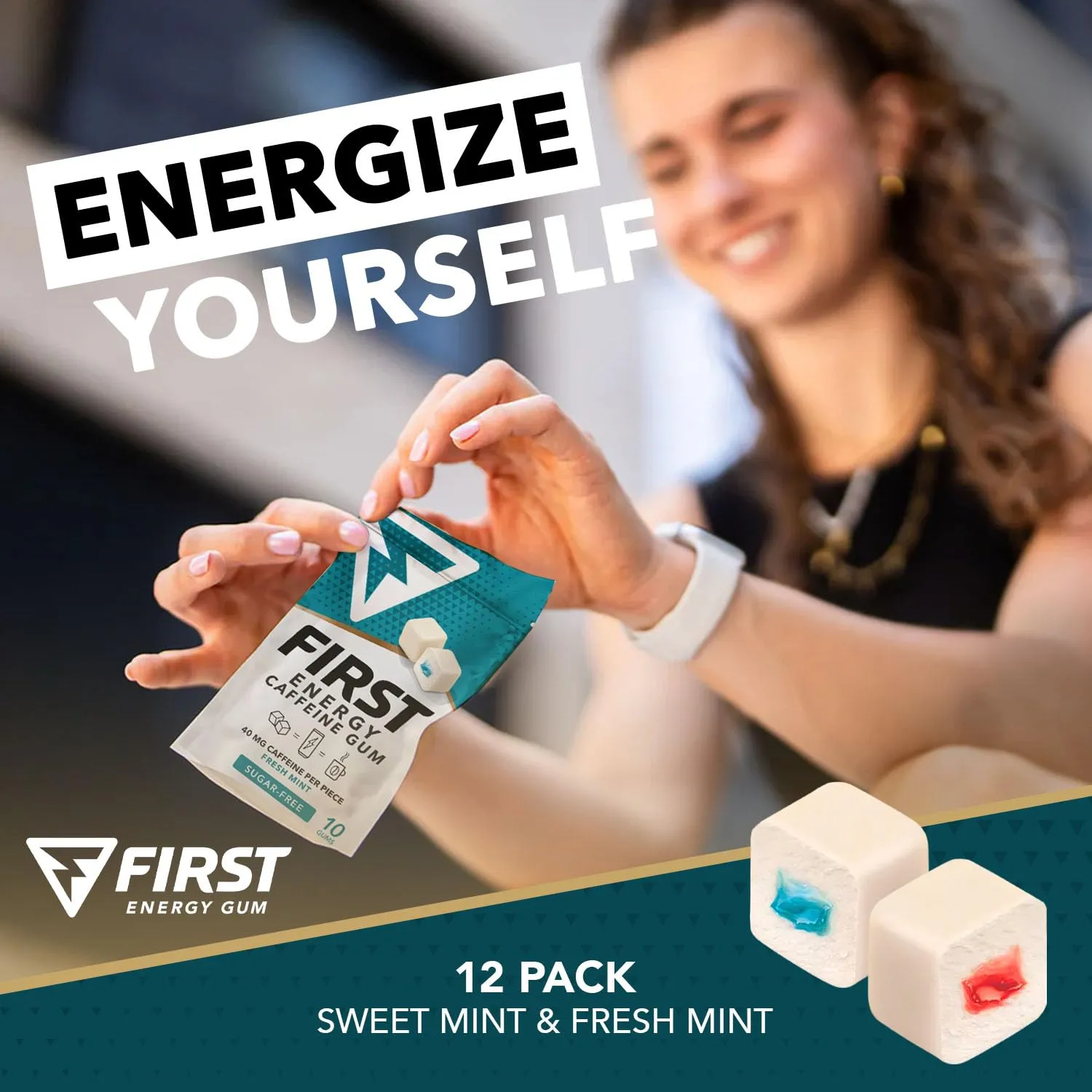 First Energy Gum Caffeine Gum Variety Pack, Sugar-Free, Fast-Acting Focus & Energy Booster for Sports, Work, Study, Drive & On-The-Go Alertness, 12 Pack of 10 (6 Fresh Mint  6 Sweet Mint)