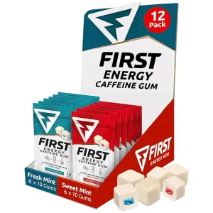 First Energy Gum Caffeine Gum Variety Pack, Sugar-Free, Fast-Acting Focus & Energy Booster for Sports, Work, Study, Drive & On-The-Go Alertness, 12 Pack of 10 (6 Fresh Mint  6 Sweet Mint)
