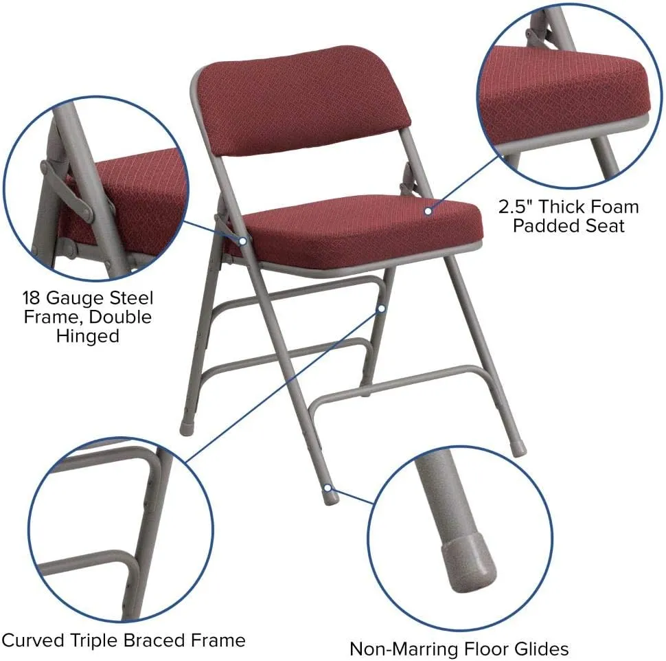 Flash Furniture 2 Pack HERCULES Series Premium Curved Triple Braced & Double Hinged Burgundy Fabric Metal Folding Chair
