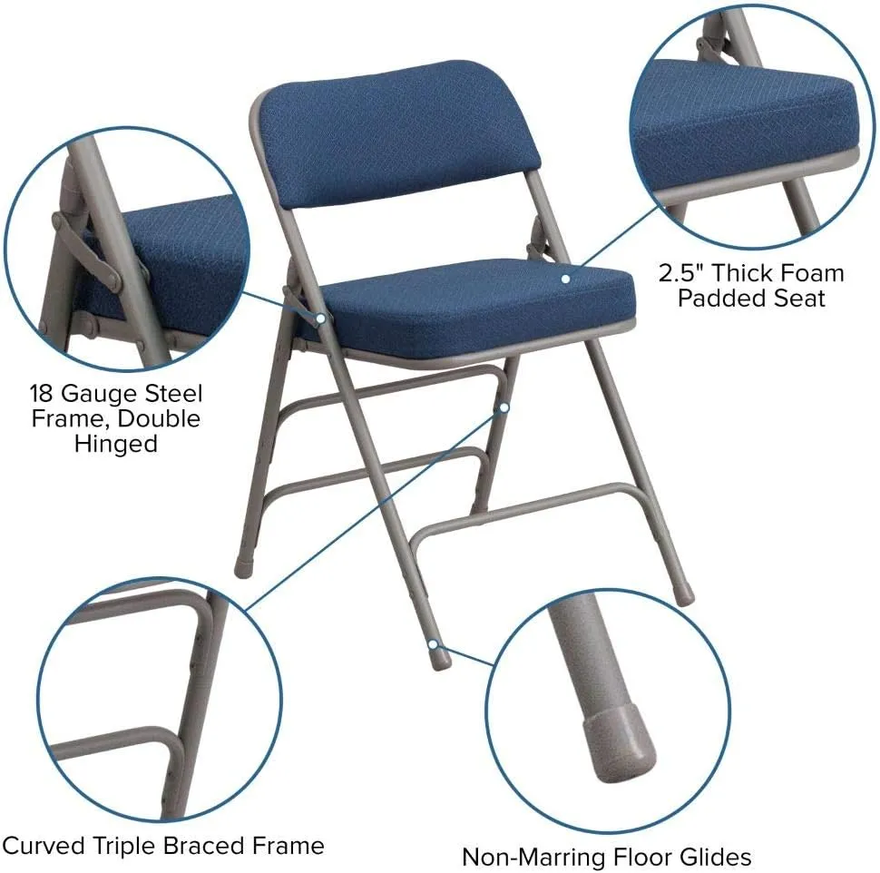 Flash Furniture 2 Pack HERCULES Series Premium Curved Triple Braced & Double Hinged Navy Fabric Metal Folding Chair