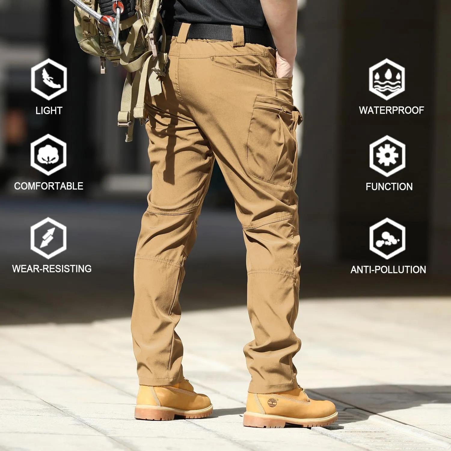 FLYFIREFLY Men's Cargo Hiking Pants Lightweight Waterproof Tactical Pants Outdoor Work Pants with Pockets(No Belt)