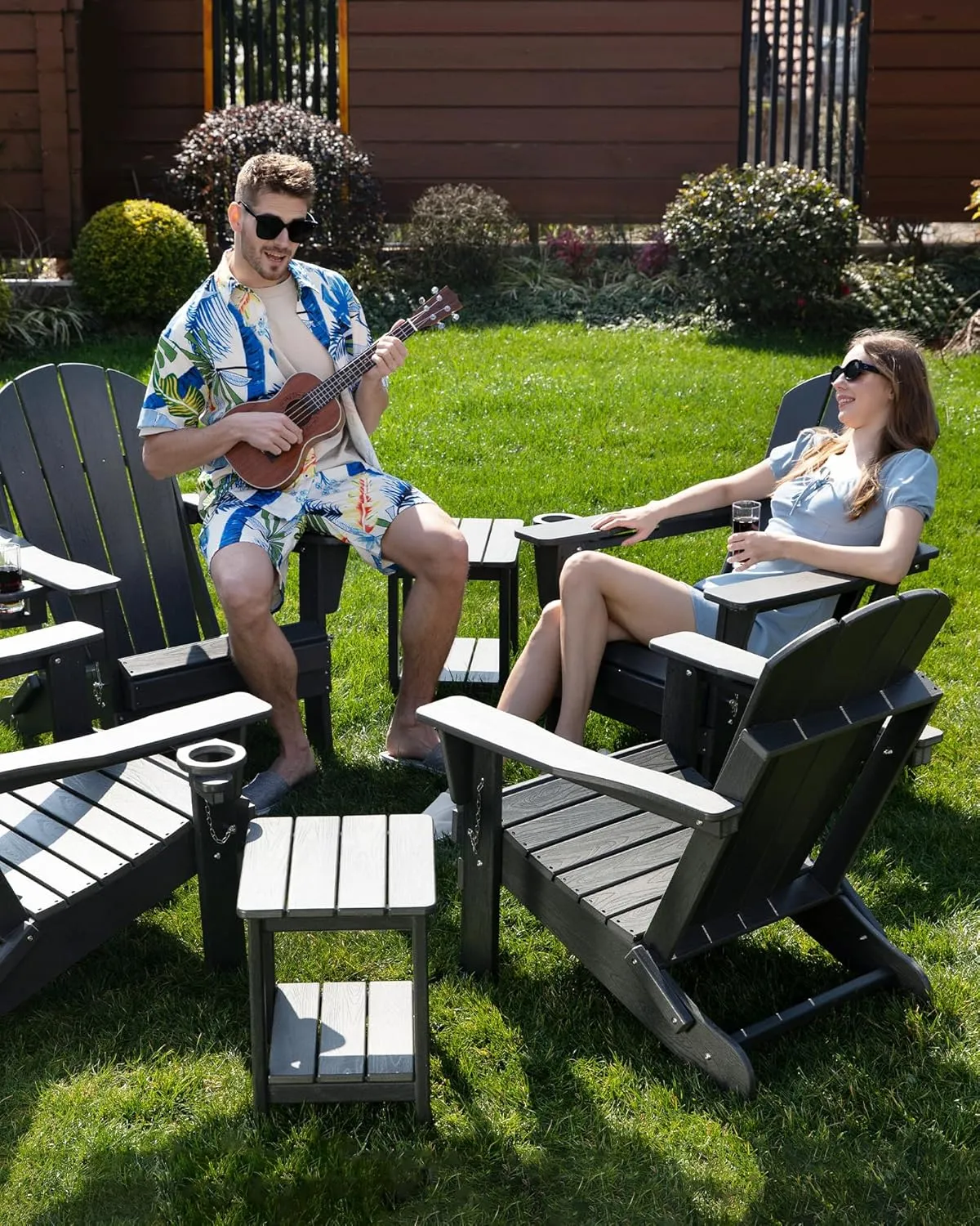 Folding Adirondack Chair, Patio Chairs Weather Resistant, Outdoor Chair Wood Texture, Lawn Chair with Cup Holder, Fire Pit Chair for Deck, Outdoor, Porch, Backyard, Garden (White)