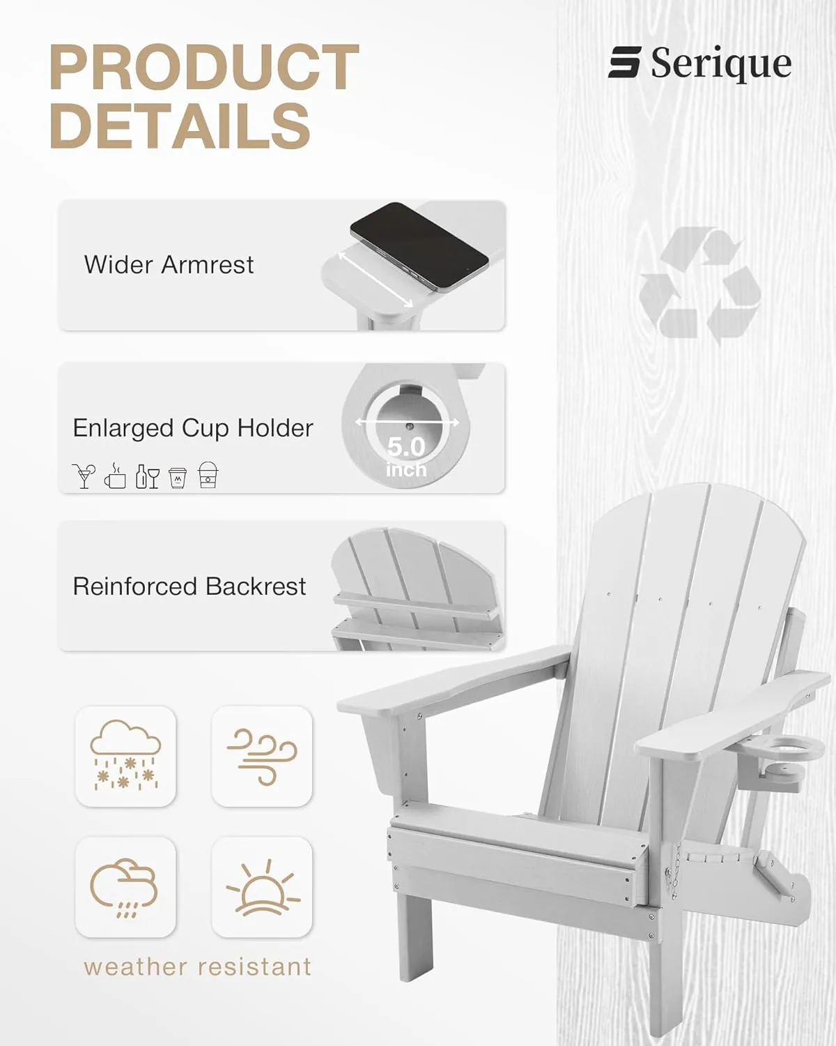 Folding Adirondack Chair, Patio Chairs Weather Resistant, Outdoor Chair Wood Texture, Lawn Chair with Cup Holder, Fire Pit Chair for Deck, Outdoor, Porch, Backyard, Garden (White)