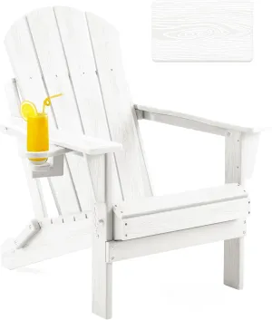 Folding Adirondack Chair, Patio Chairs Weather Resistant, Outdoor Chair Wood Texture, Lawn Chair with Cup Holder, Fire Pit Chair for Deck, Outdoor, Porch, Backyard, Garden (White)