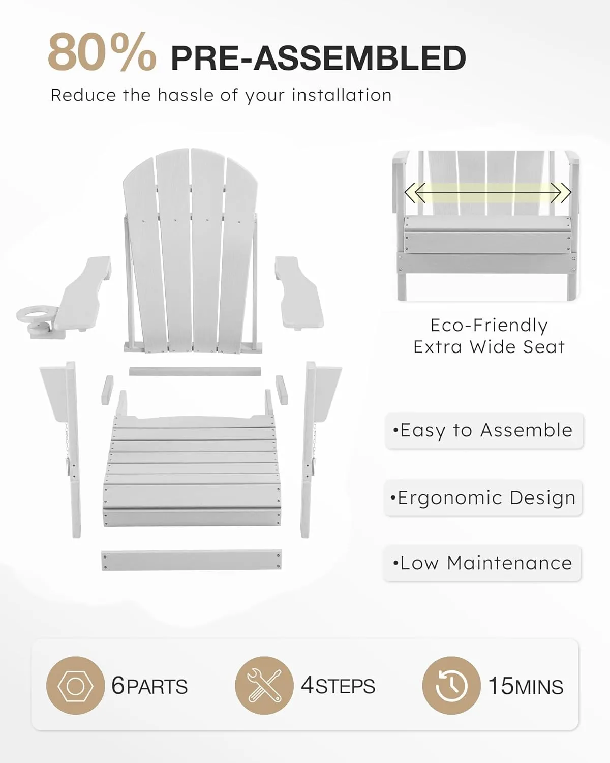 Folding Adirondack Chair, Patio Chairs Weather Resistant, Outdoor Chair Wood Texture, Lawn Chair with Cup Holder, Fire Pit Chair for Deck, Outdoor, Porch, Backyard, Garden (White)
