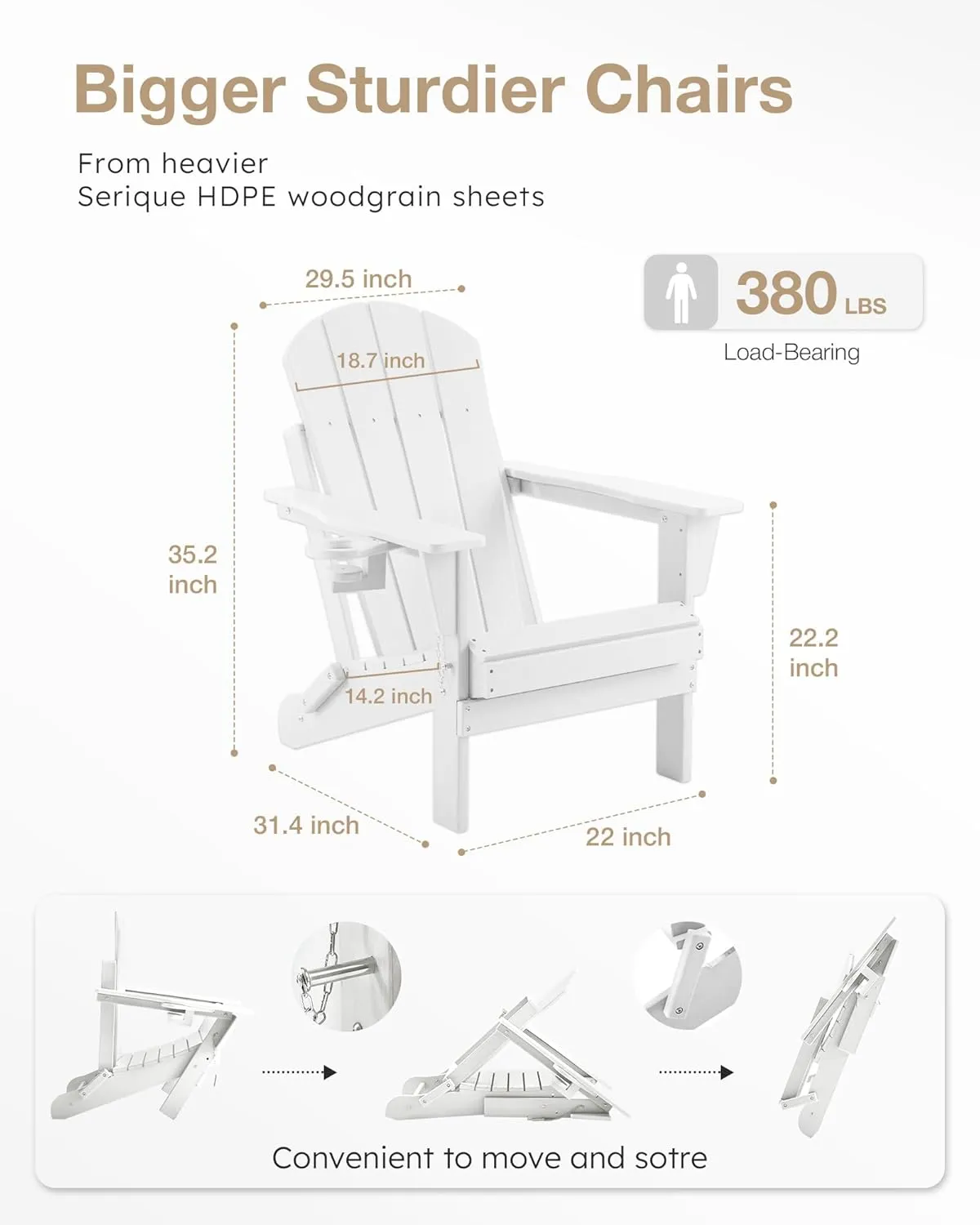 Folding Adirondack Chair, Patio Chairs Weather Resistant, Outdoor Chair Wood Texture, Lawn Chair with Cup Holder, Fire Pit Chair for Deck, Outdoor, Porch, Backyard, Garden (White)