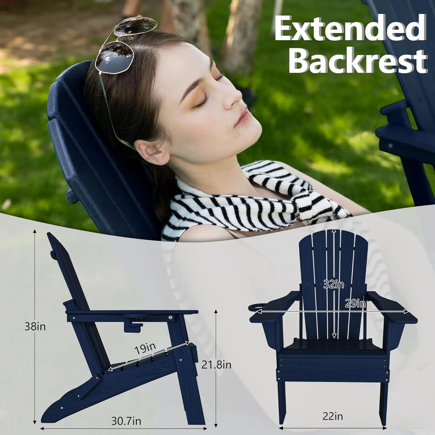 Folding Adirondack Chair, SGS Tested, Wooden Textured with Cup Holder, Heavy All-Weather HDPE Comfortable Set Poolside Backyard Lawn Navy Blue