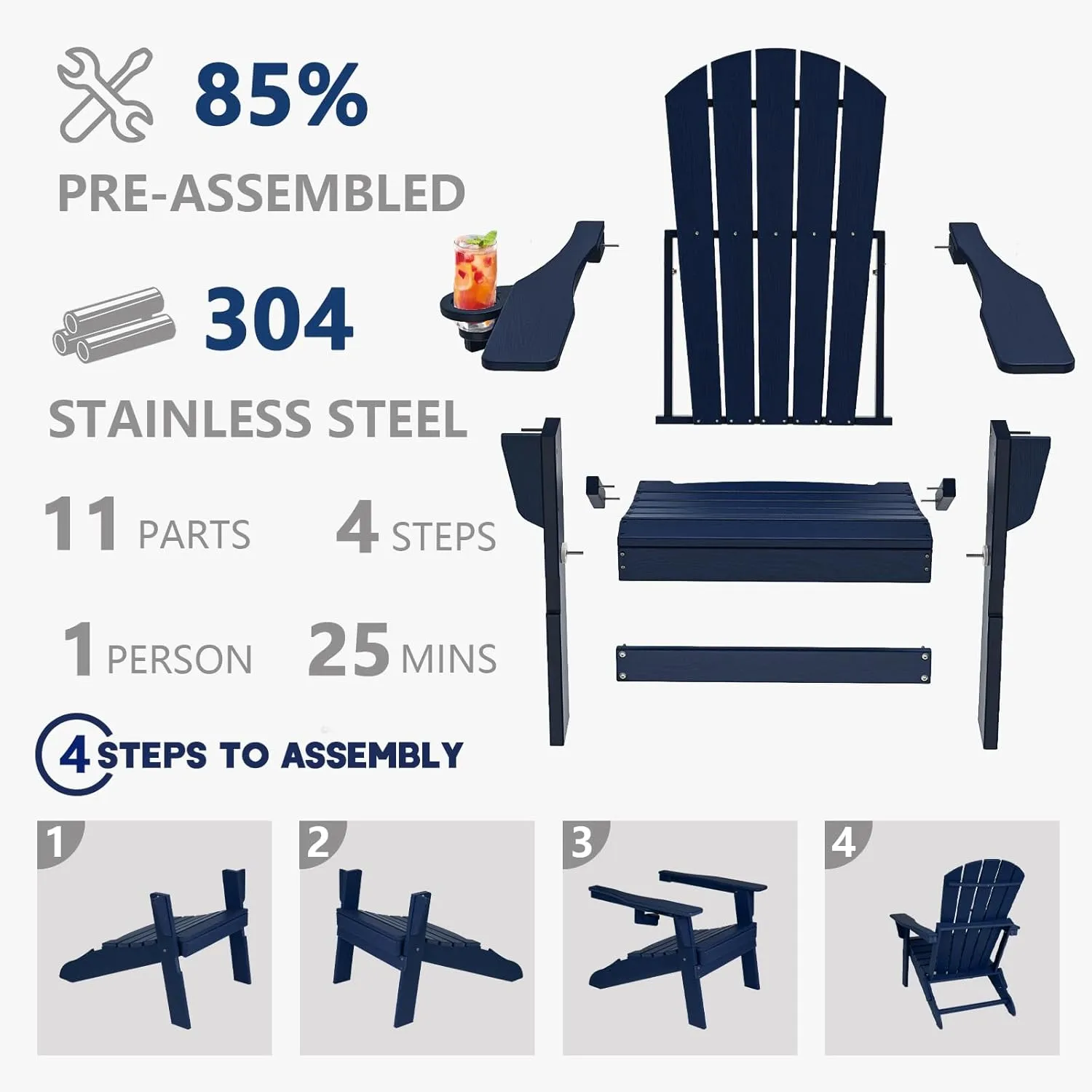 Folding Adirondack Chair, SGS Tested, Wooden Textured with Cup Holder, Heavy All-Weather HDPE Comfortable Set Poolside Backyard Lawn Navy Blue