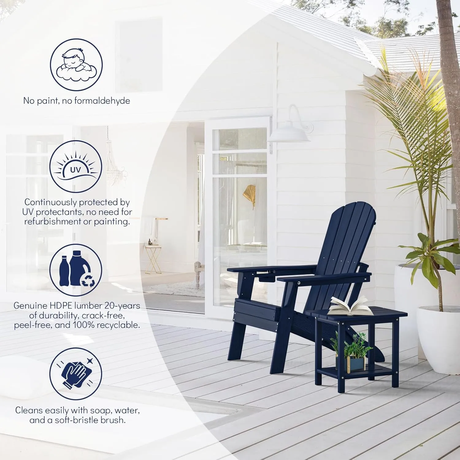 Folding Adirondack Chair, SGS Tested, Wooden Textured with Cup Holder, Heavy All-Weather HDPE Comfortable Set Poolside Backyard Lawn Navy Blue