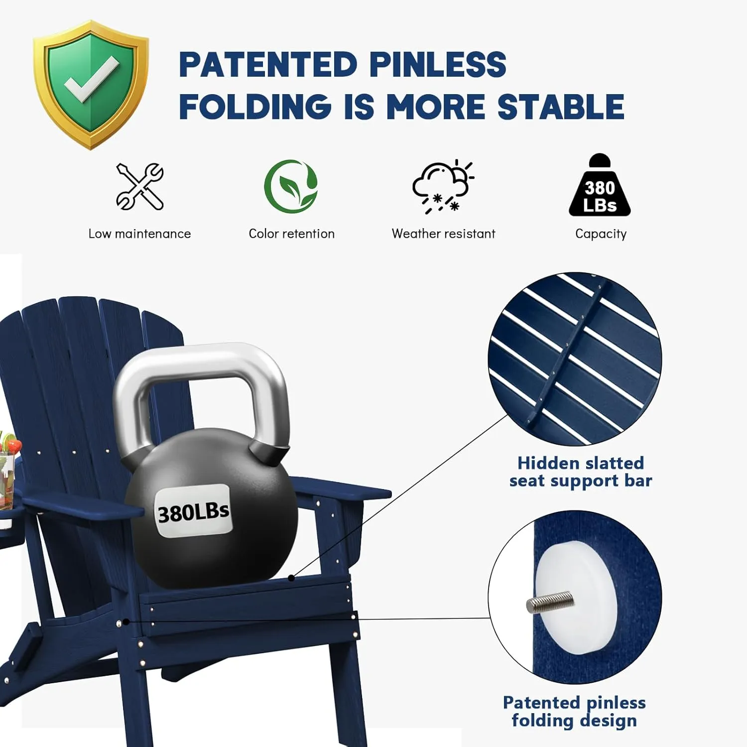 Folding Adirondack Chair, SGS Tested, Wooden Textured with Cup Holder, Heavy All-Weather HDPE Comfortable Set Poolside Backyard Lawn Navy Blue
