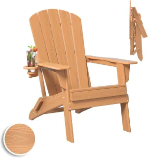 Folding Adirondack Chair, SGS Tested, Wooden Textured with Cup Holder, Heavy All-Weather HDPE Comfortable Set Poolside Backyard Lawn Teak
