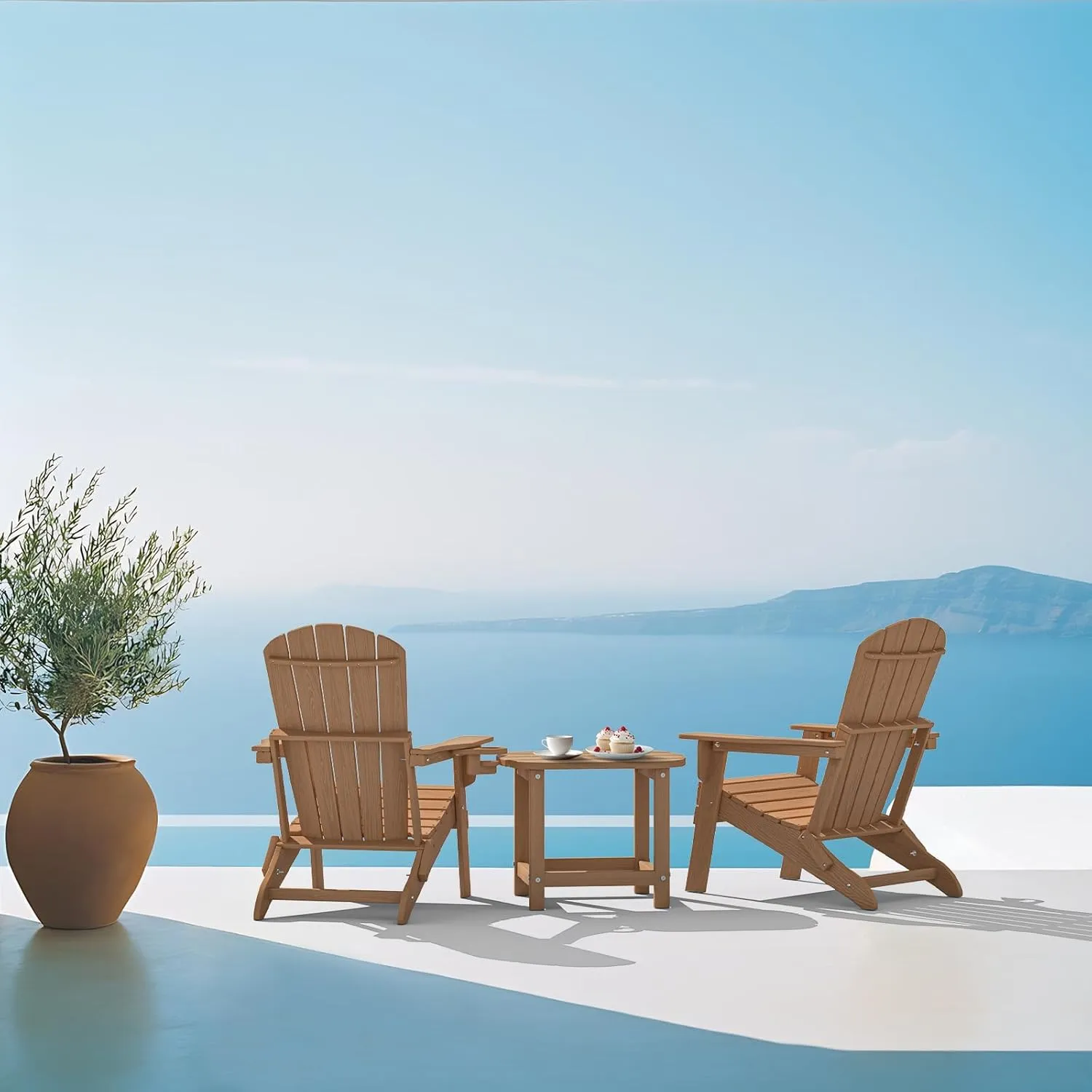 Folding Adirondack Chair, SGS Tested, Wooden Textured with Cup Holder, Heavy All-Weather HDPE Comfortable Set Poolside Backyard Lawn Teak