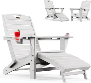 Folding Adirondack Chair with Retractable Ottoman, HDPE Fire Pit Chairs with Pull Out Footrest, All Weather Resistant Outdoor Patio Chair with 2 Cup Holders for Lawn, Garden, Backyard (White)