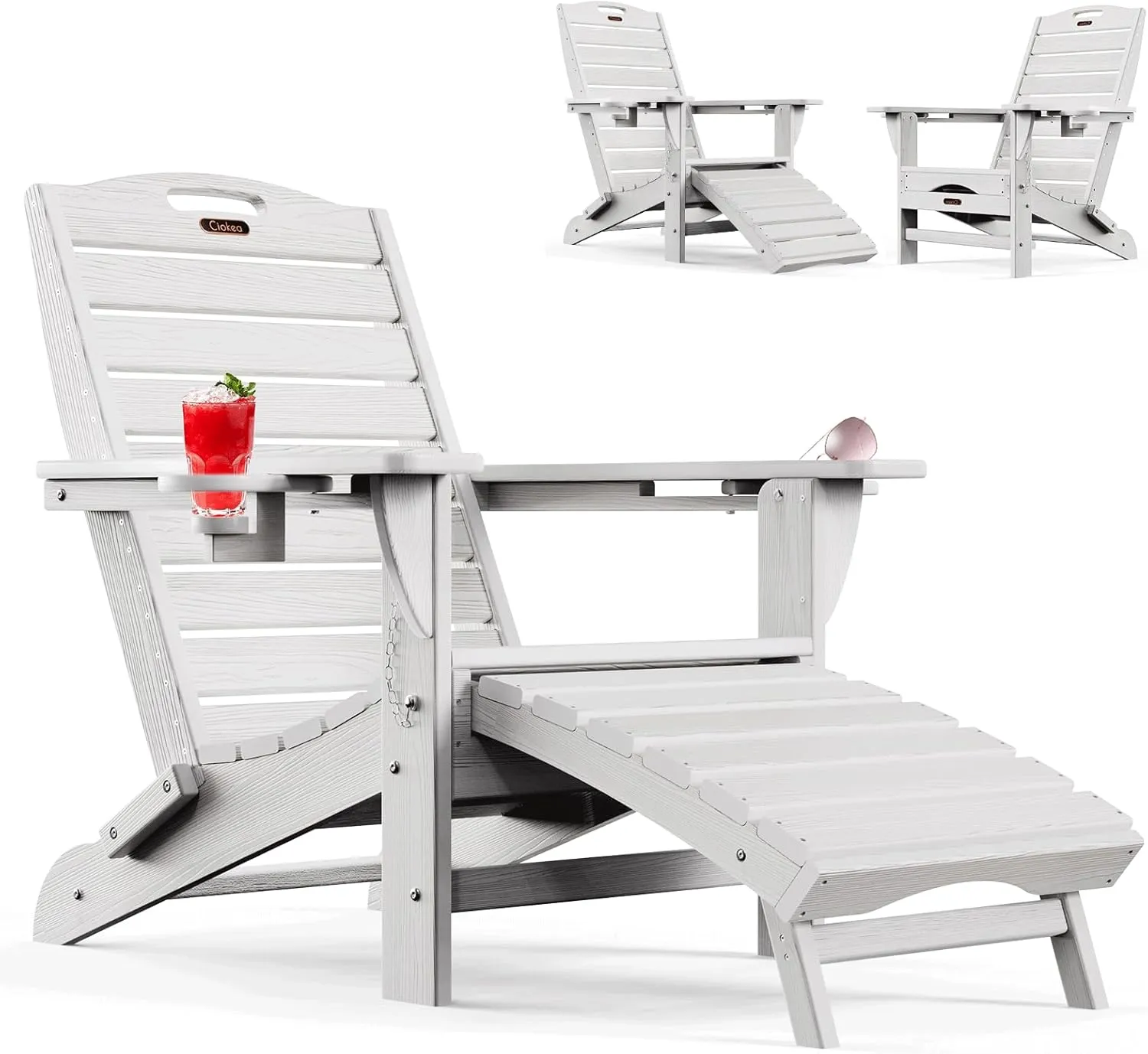 Folding Adirondack Chair with Retractable Ottoman, HDPE Fire Pit Chairs with Pull Out Footrest, All Weather Resistant Outdoor Patio Chair with 2 Cup Holders for Lawn, Garden, Backyard (White)