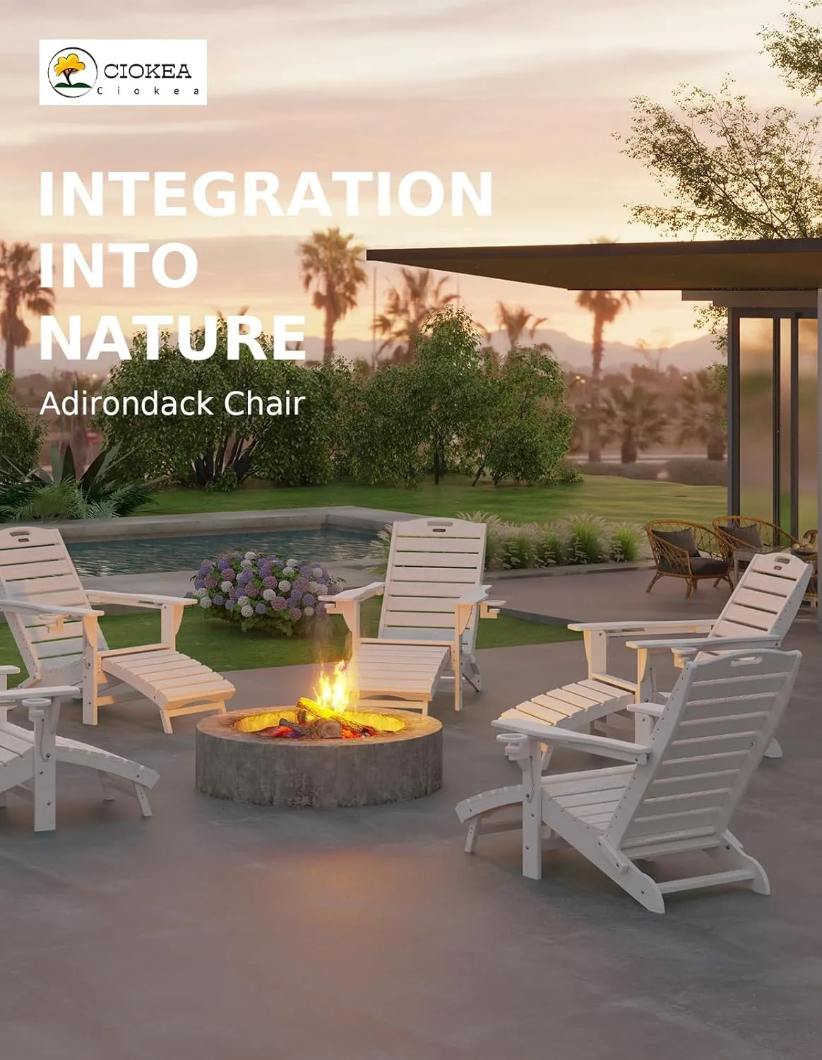 Folding Adirondack Chair with Retractable Ottoman, HDPE Fire Pit Chairs with Pull Out Footrest, All Weather Resistant Outdoor Patio Chair with 2 Cup Holders for Lawn, Garden, Backyard (White)