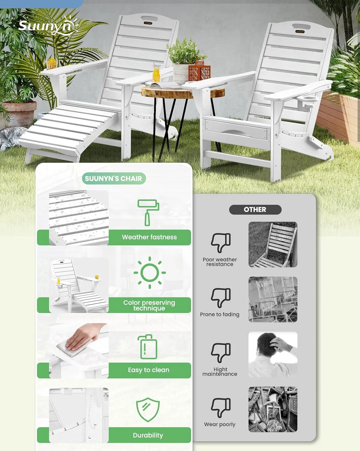 Folding Adirondack Chair with Retractable Ottoman Weather Resistant Fire Pit Chair Patio Chair with 2 Cup Holder Lawn Outdoor Lounge Chairs (White)