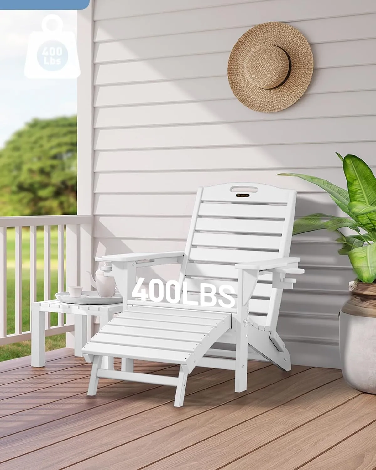Folding Adirondack Chair with Retractable Ottoman Weather Resistant Fire Pit Chair Patio Chair with 2 Cup Holder Lawn Outdoor Lounge Chairs (White)