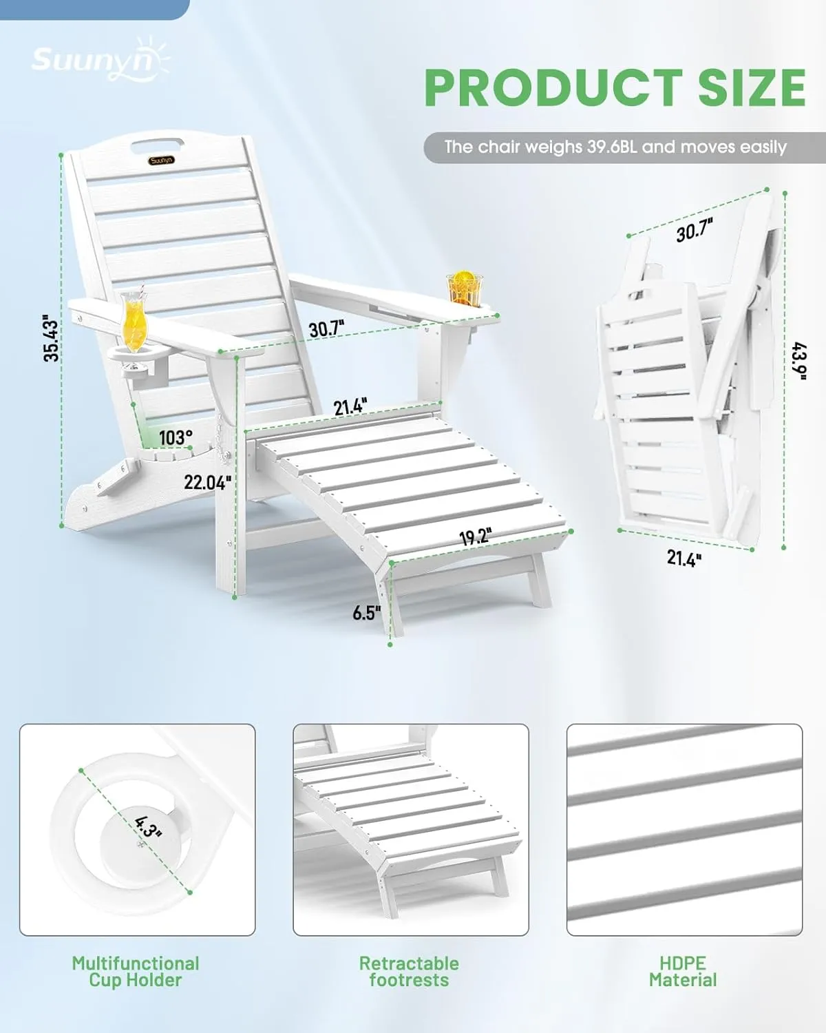 Folding Adirondack Chair with Retractable Ottoman Weather Resistant Fire Pit Chair Patio Chair with 2 Cup Holder Lawn Outdoor Lounge Chairs (White)