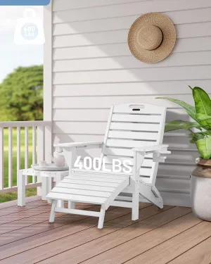 Folding Adirondack Chair with Retractable Ottoman Weather Resistant Fire Pit Chair Patio Chair with 2 Cup Holder Lawn Outdoor Lounge Chairs (White)
