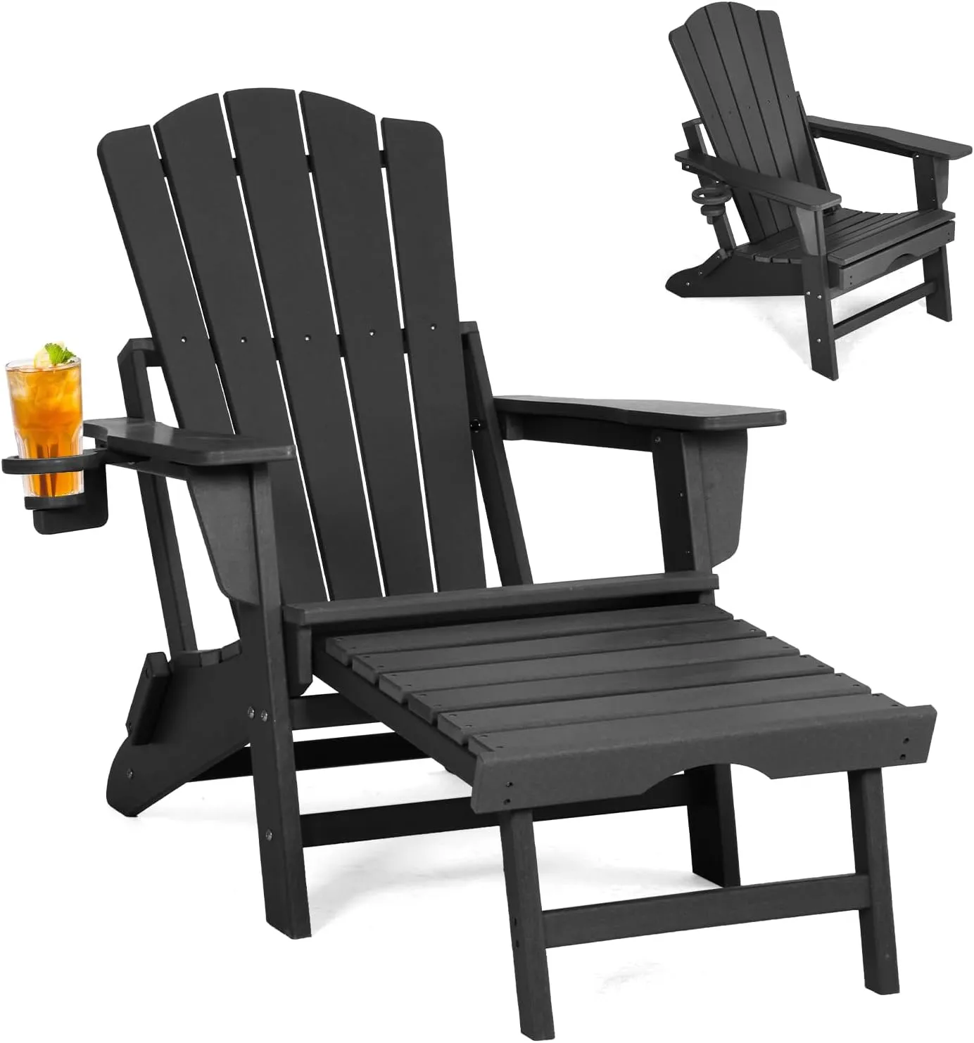 Folding Adirondack Chair with Retractable Ottoman,All Weather Fire Pit Chairs with Cup Holder,Outdoor Chair with Ottoman,Black