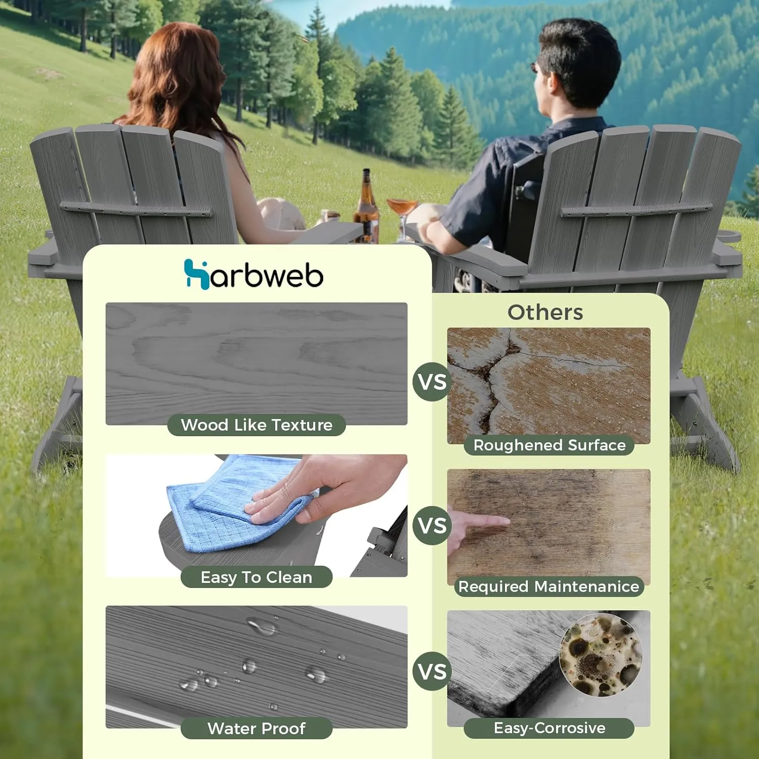 Folding Adirondack Chair with Wood Texture, HDPE All-Weather Fire Pit Chairs, Plastic Adirondack Chairs with 2 Cup Holder, Outdoor Lawn Chair for Patio Garden (Grey)