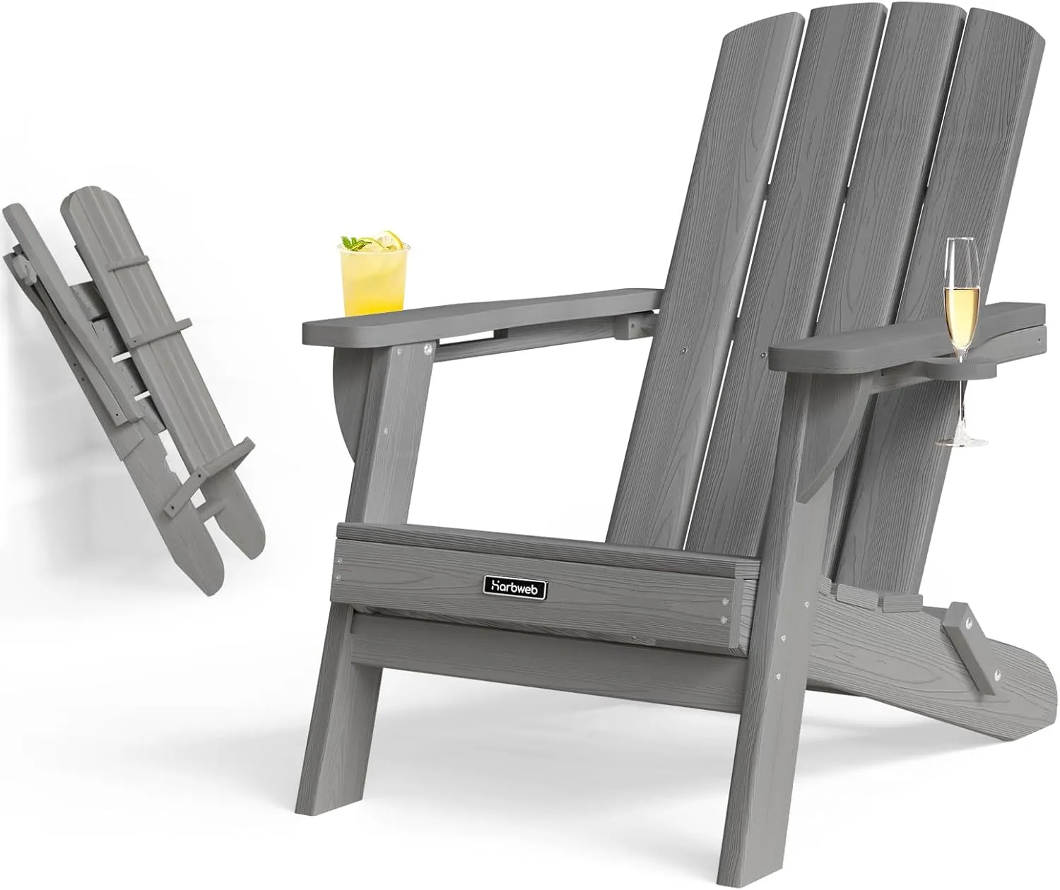 Folding Adirondack Chair with Wood Texture, HDPE All-Weather Fire Pit Chairs, Plastic Adirondack Chairs with 2 Cup Holder, Outdoor Lawn Chair for Patio Garden (Grey)