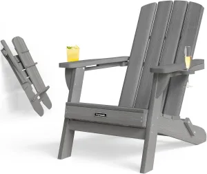 Folding Adirondack Chair with Wood Texture, HDPE All-Weather Fire Pit Chairs, Plastic Adirondack Chairs with 2 Cup Holder, Outdoor Lawn Chair for Patio Garden (Grey)