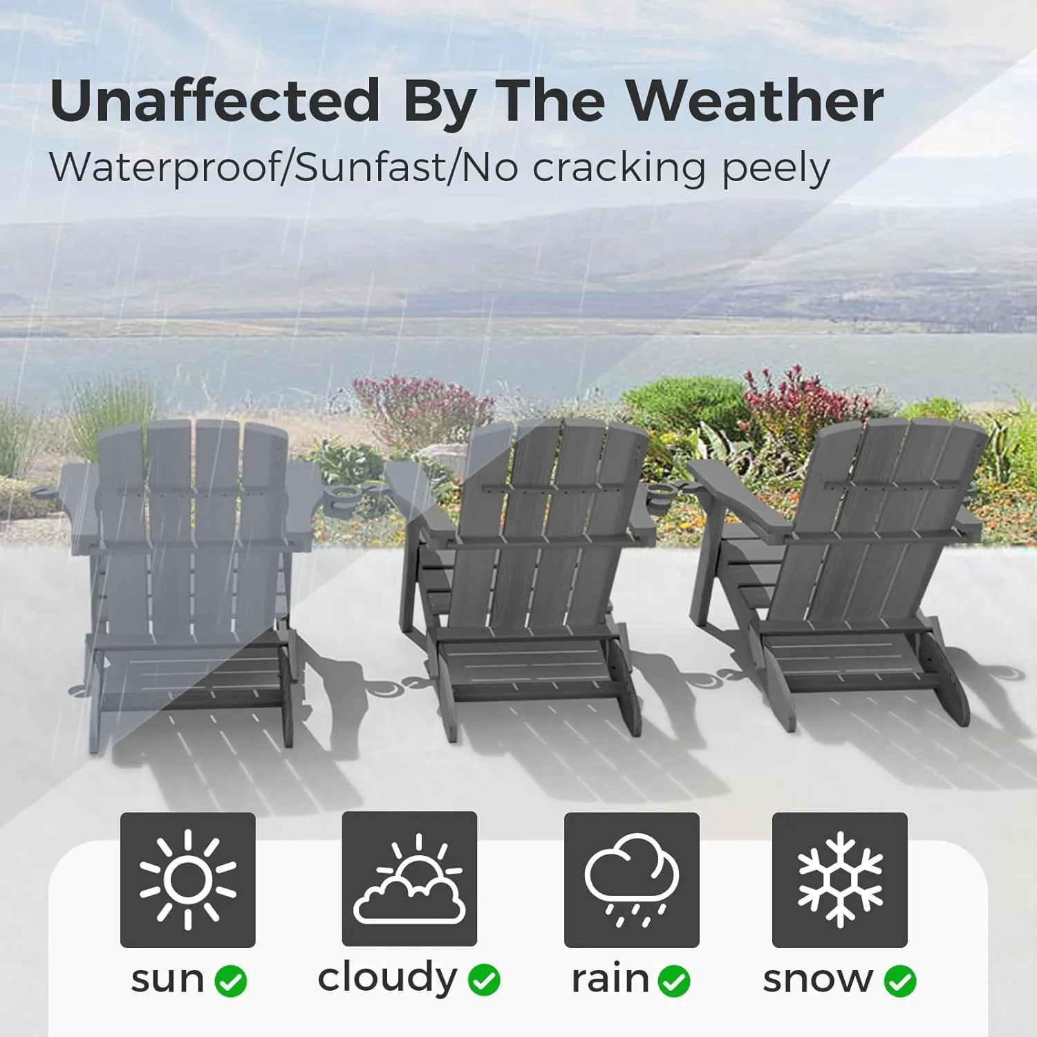 Folding Adirondack Chair with Wood Texture, HDPE All-Weather Fire Pit Chairs, Plastic Adirondack Chairs with 2 Cup Holder, Outdoor Lawn Chair for Patio Garden (Grey)
