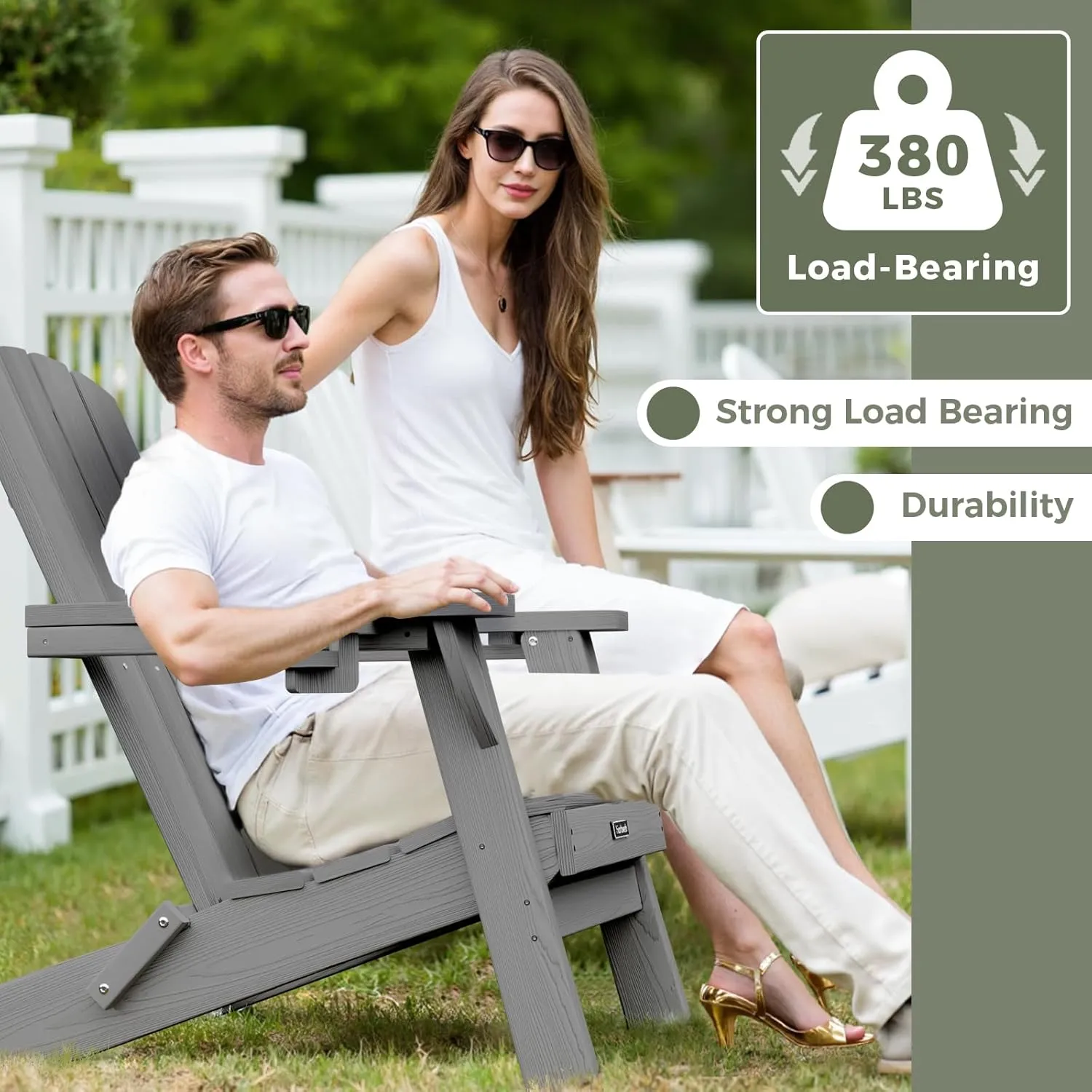 Folding Adirondack Chair with Wood Texture, HDPE All-Weather Fire Pit Chairs, Plastic Adirondack Chairs with 2 Cup Holder, Outdoor Lawn Chair for Patio Garden (Grey)