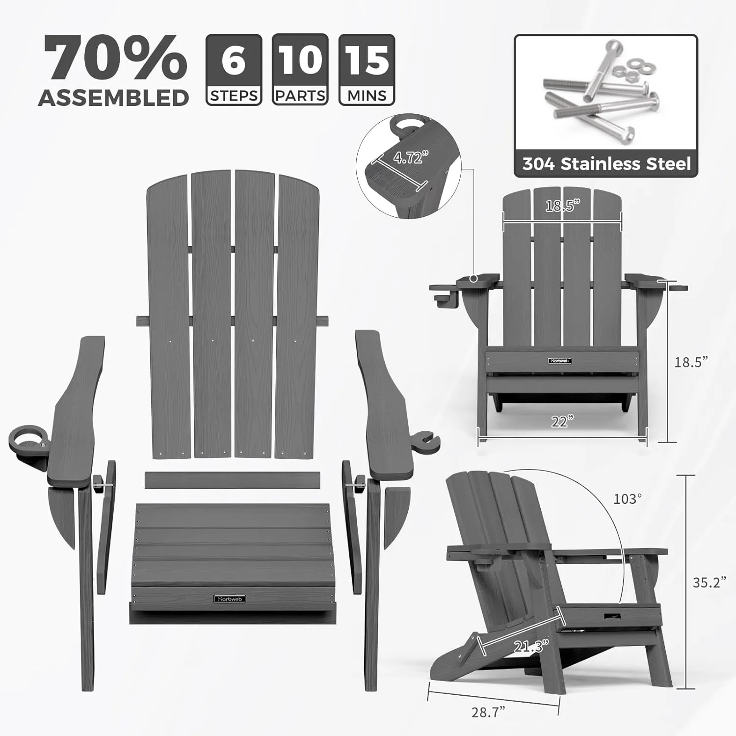 Folding Adirondack Chair with Wood Texture, HDPE All-Weather Fire Pit Chairs, Plastic Adirondack Chairs with 2 Cup Holder, Outdoor Lawn Chair for Patio Garden (Grey)