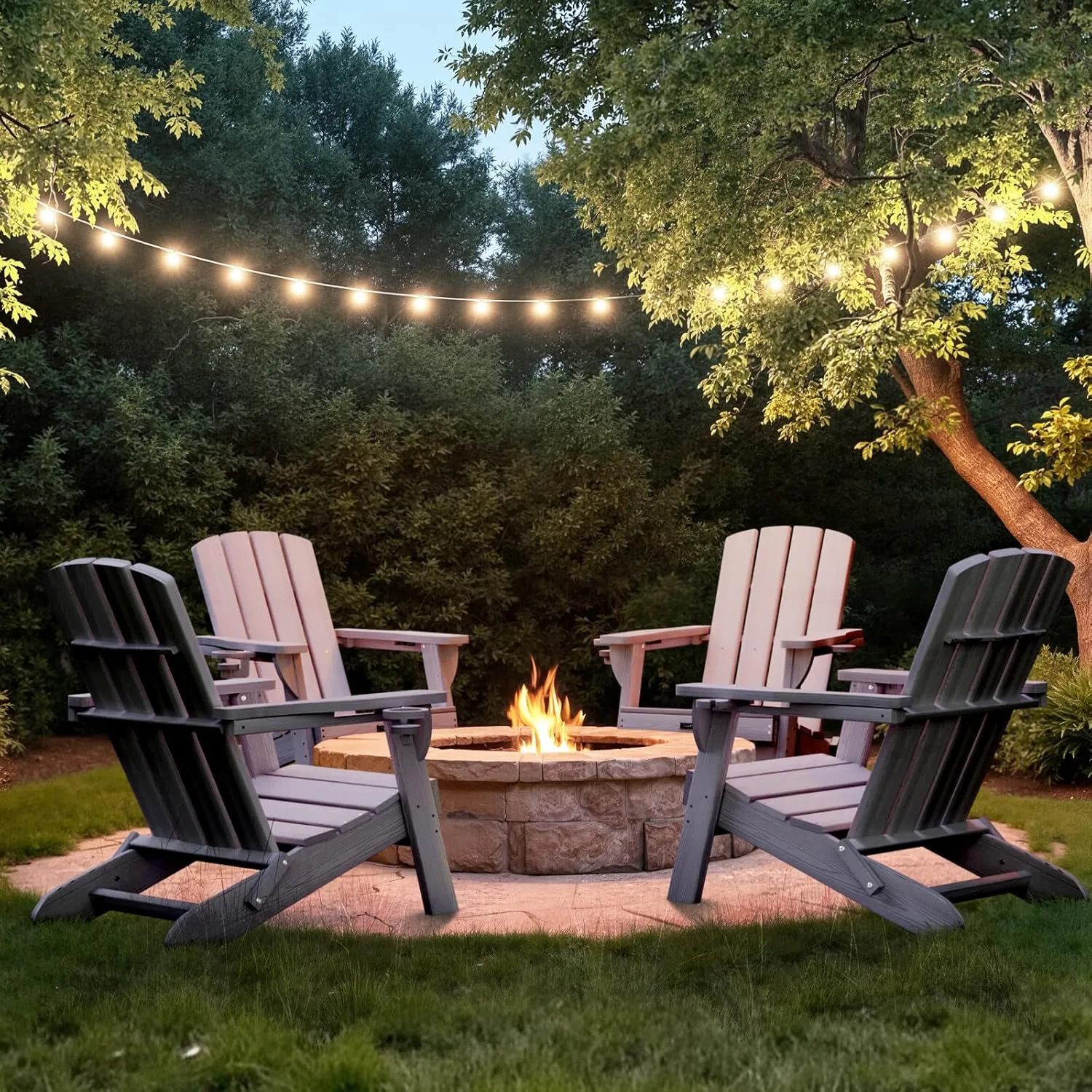 Folding Adirondack Chair with Wood Texture, HDPE All-Weather Fire Pit Chairs, Plastic Adirondack Chairs with 2 Cup Holder, Outdoor Lawn Chair for Patio Garden (Grey)