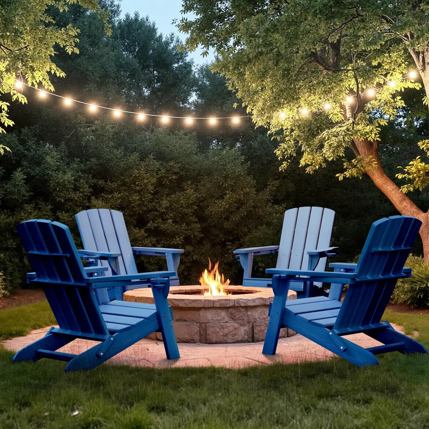 Folding Adirondack Chair with Wood Texture, HDPE All-Weather Fire Pit Chairs, Plastic Adirondack Chairs with 2 Cup Holder, Outdoor Lawn Chair for Patio Garden (Navy Blue)