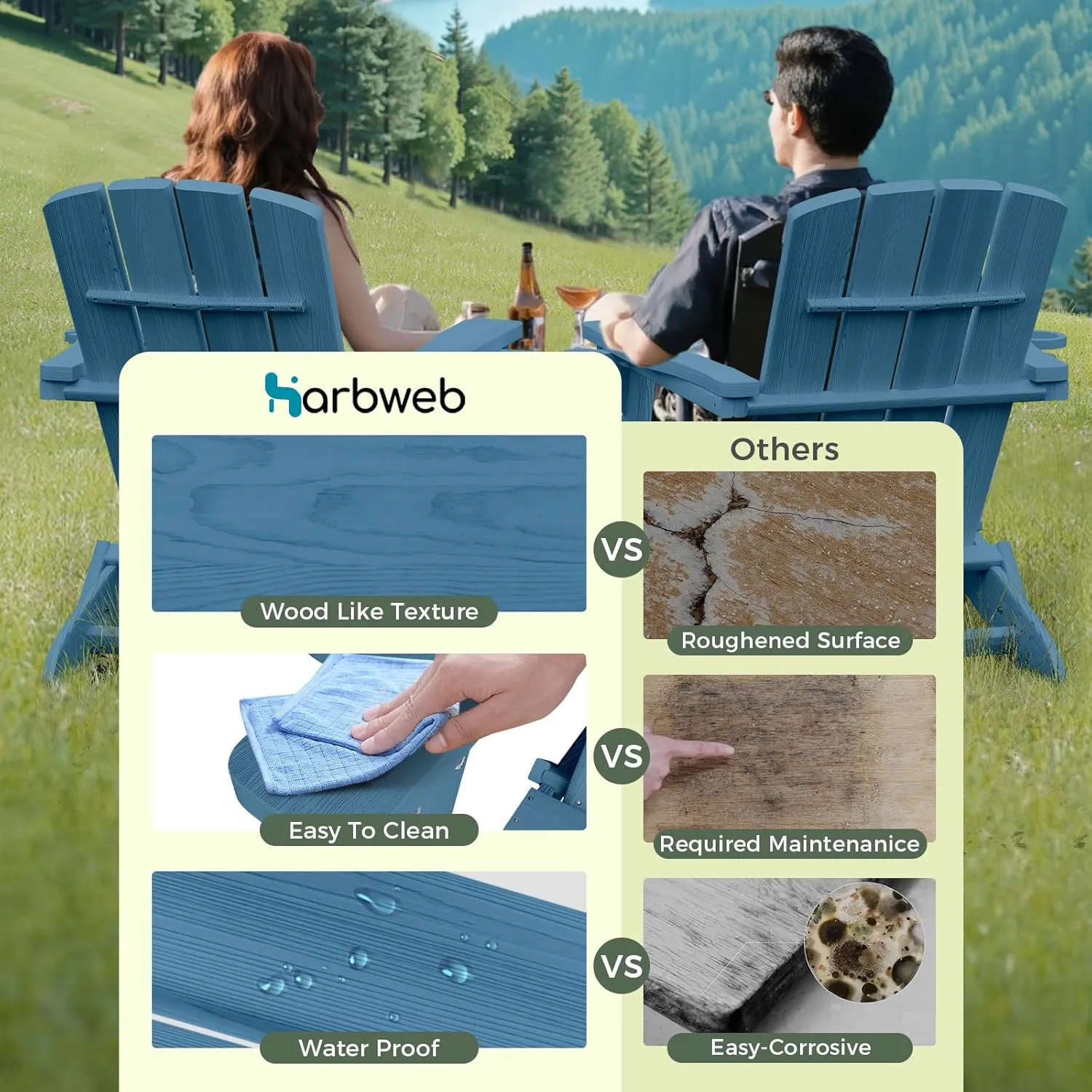Folding Adirondack Chair with Wood Texture, HDPE All-Weather Fire Pit Chairs, Plastic Adirondack Chairs with 2 Cup Holder, Outdoor Lawn Chair for Patio Garden (Navy Blue)
